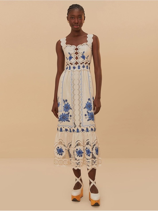 FARM Rio Dresses & Skirts - Farm Rio Cross Stitch Richelieu Sunflower Midi Dress white and blue sundress
